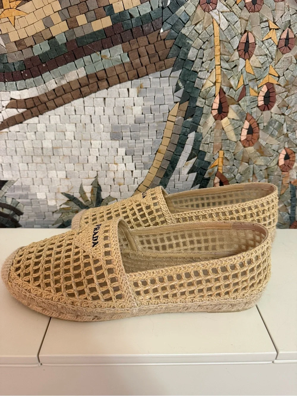 Prada Natural Beige Woven Espadrille Slip-Ons